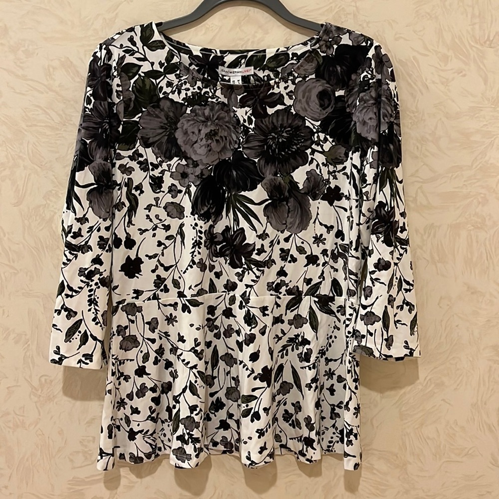 Isaac Mizrahi Live White With Black Floral Silky Peplum 3/4 Sleeve Blouse Size M